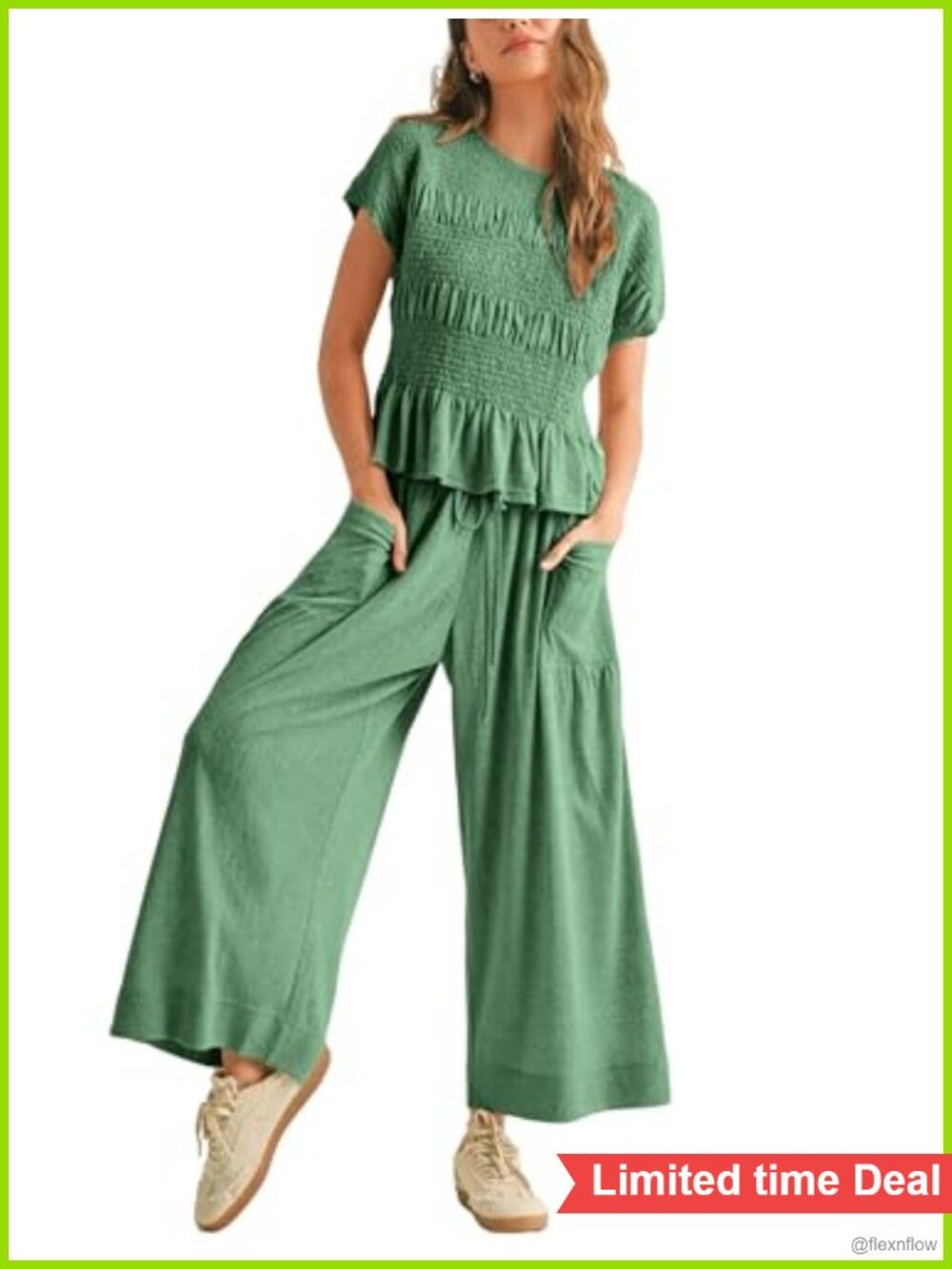Womens Lounge Set Smocked Top Wide Leg Pants Pockets 2 Piece Casual Boho